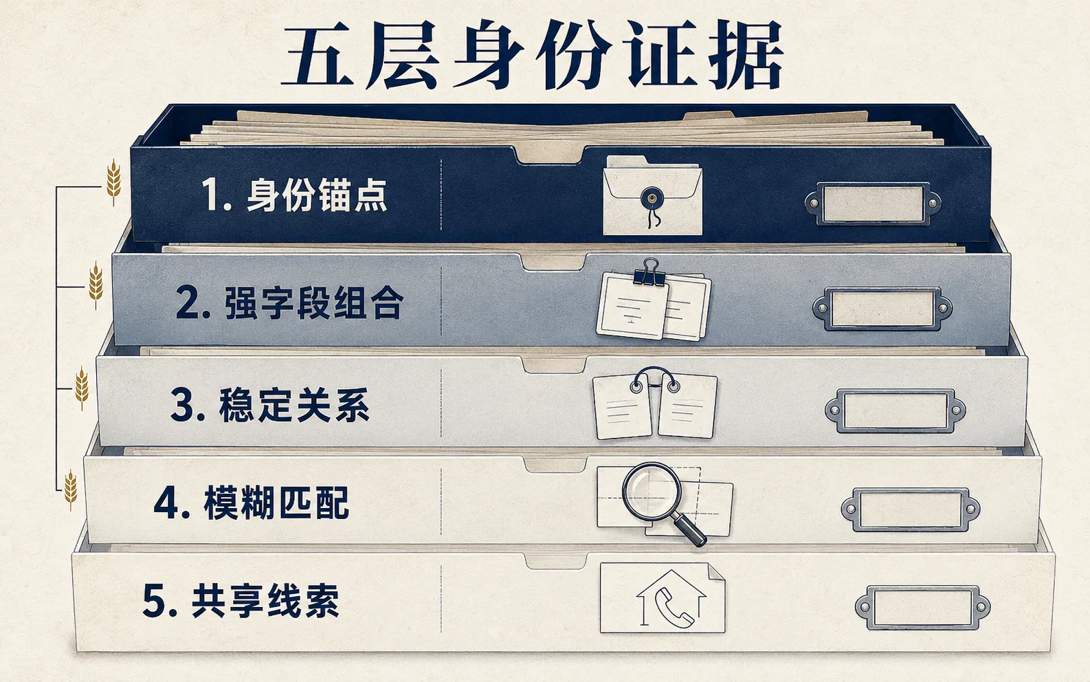 五层身份匹配证据从确定锚点逐步走向弱线索