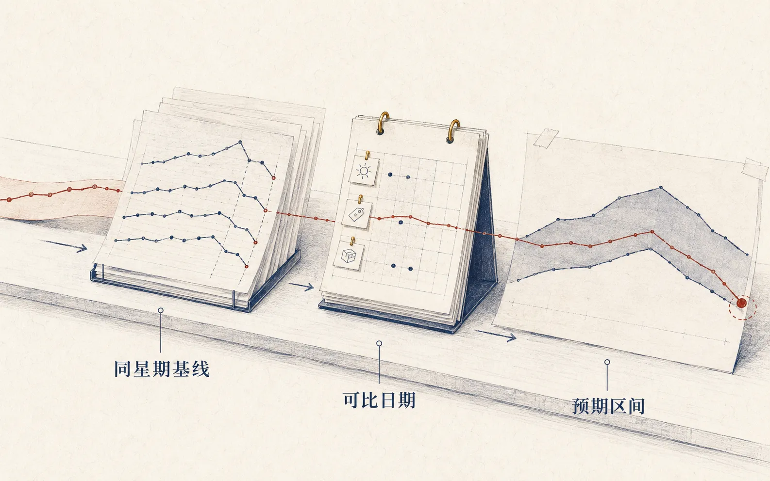 三种基线把同一笔销量变化放回不同的参照系