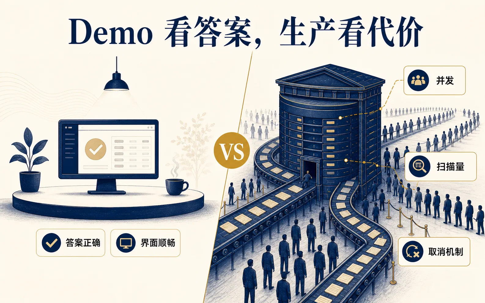 Demo 只展示答案，生产环境还要看到成本和并发