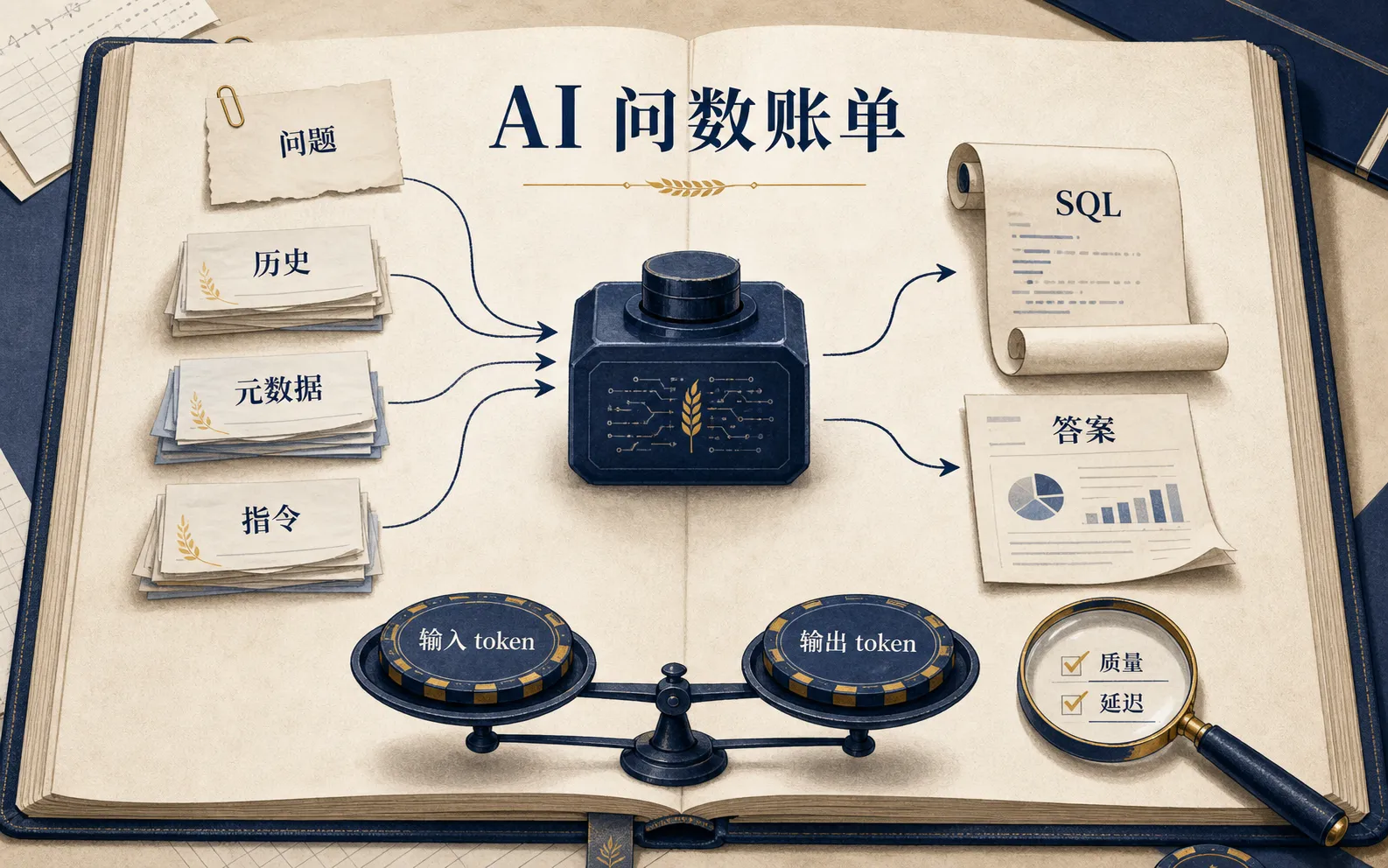 AI 问数的输入上下文、生成查询与输出结果共同形成 token 账单