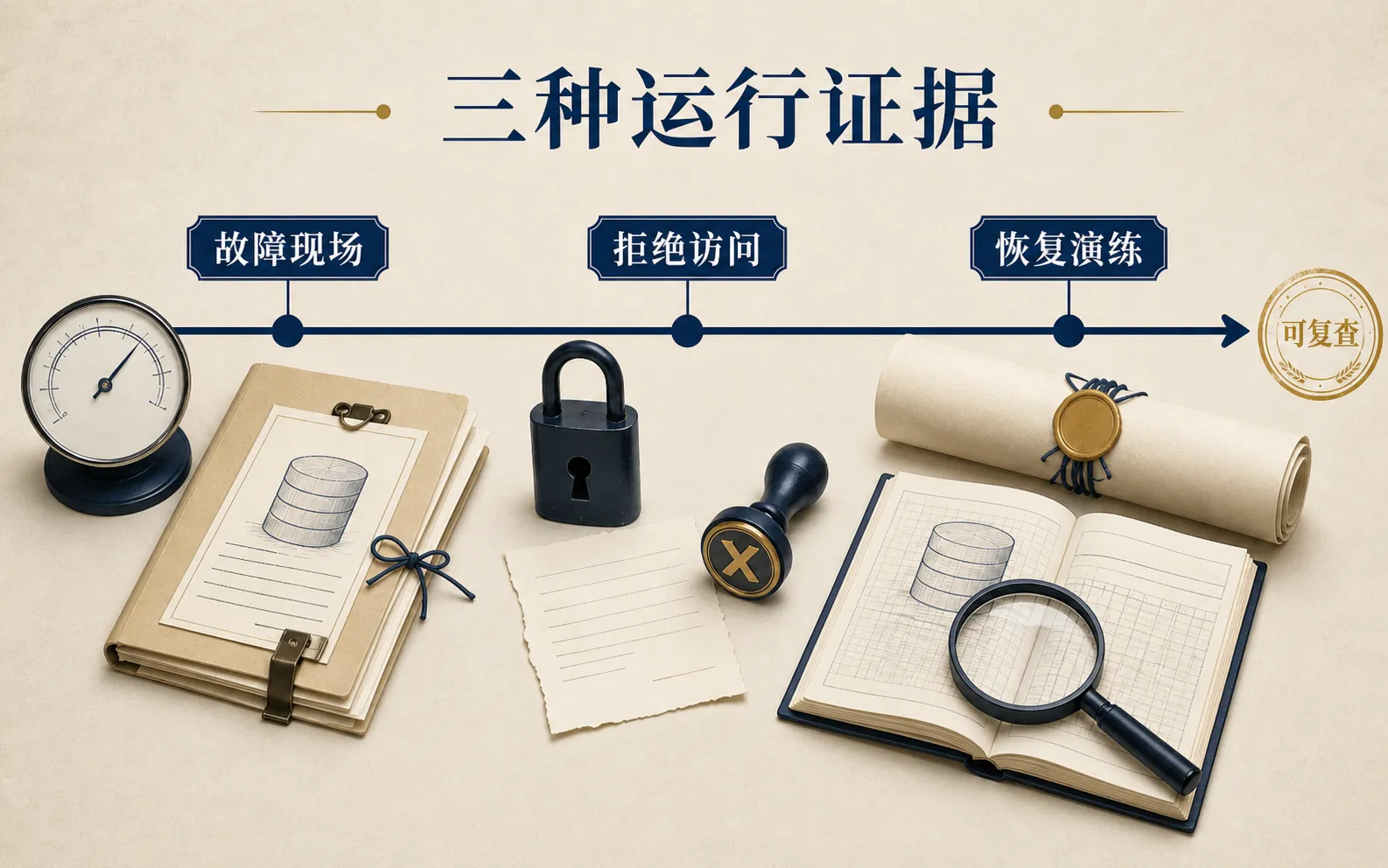 故障现场、拒绝访问与恢复演练构成三种运行证据