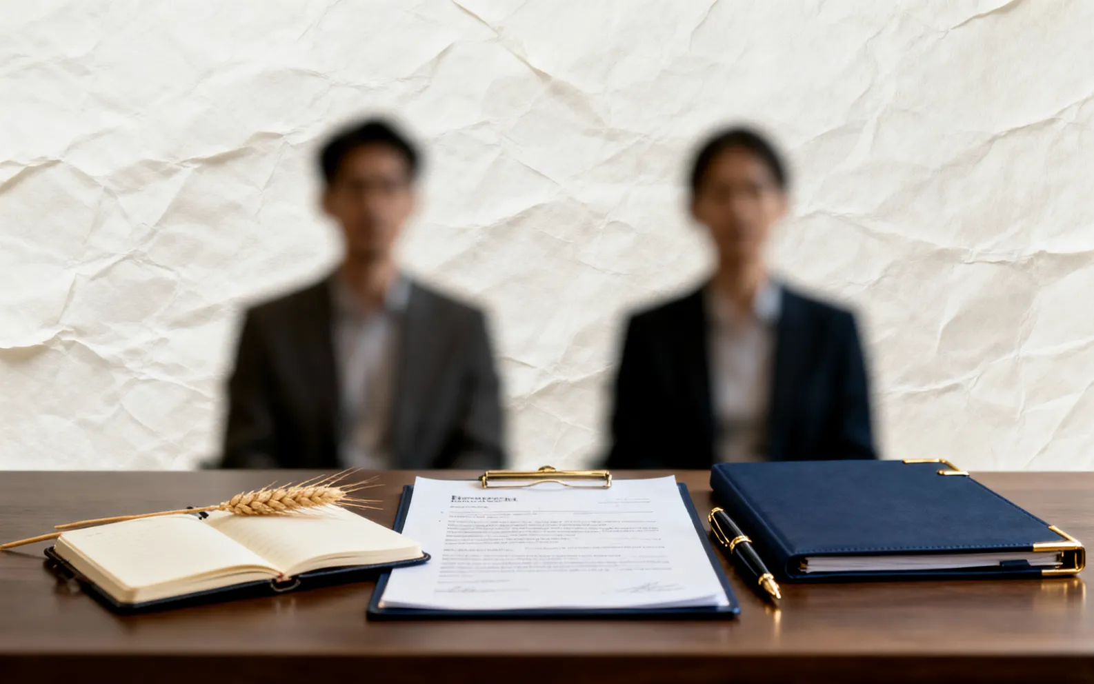 面试桌上摊着简历、笔记本和一支钢笔