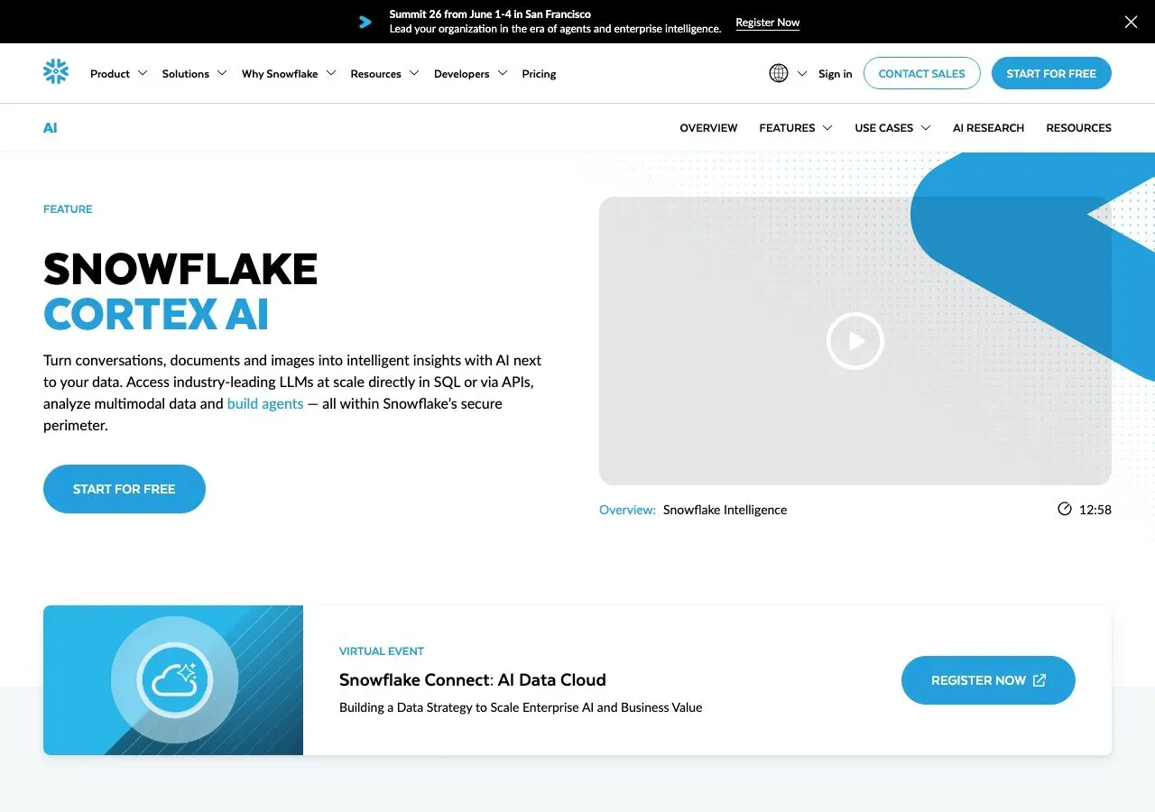 Snowflake Cortex AI 产品首页