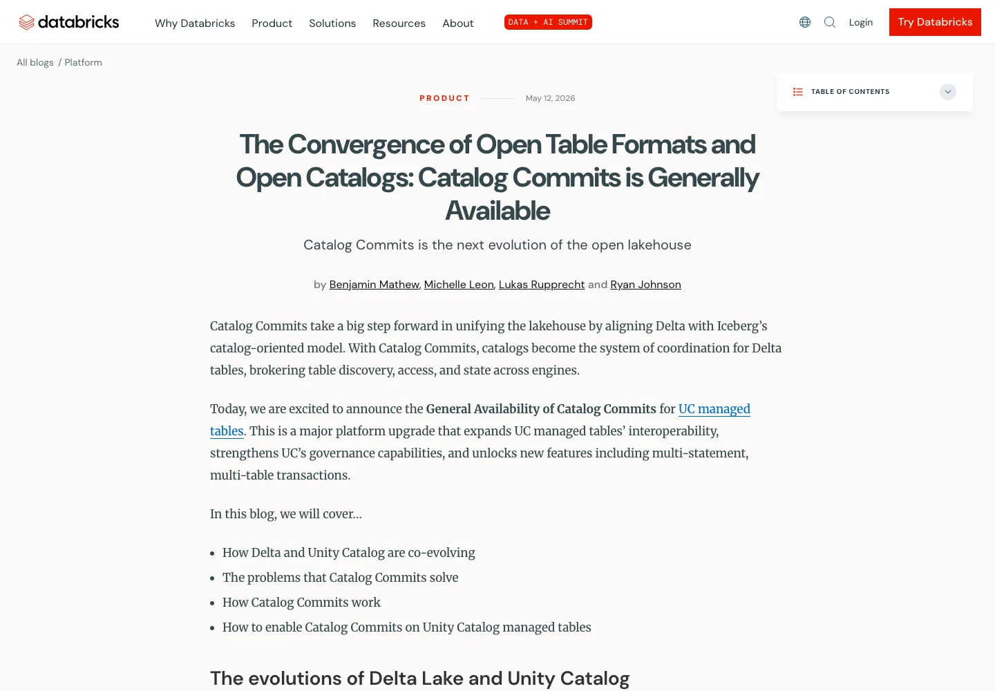 Databricks Catalog Commits 原文页面截图